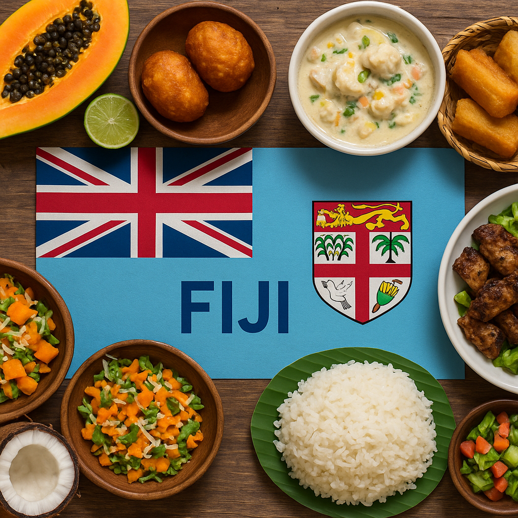traditional fijian feast with flag